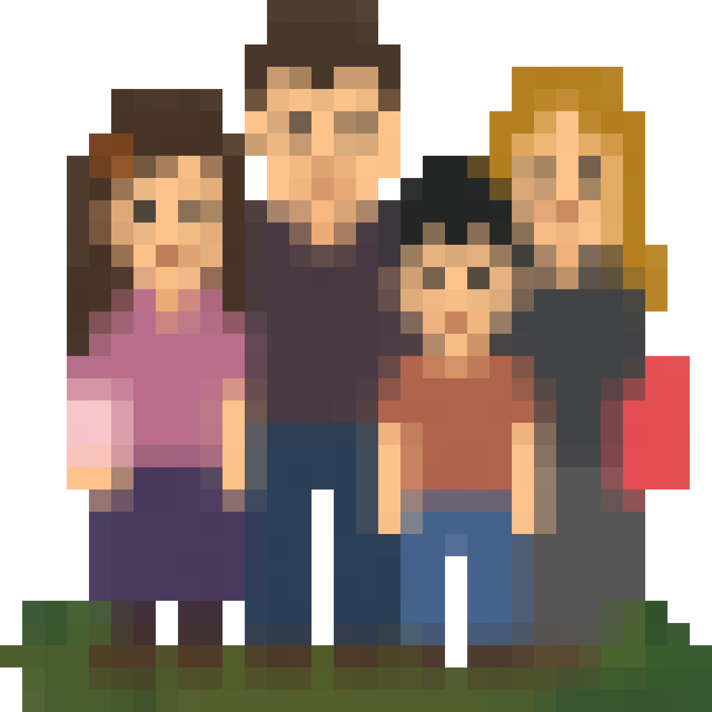Pixel-art portrait of a family of four, the DutyDuel icon in higher resolution